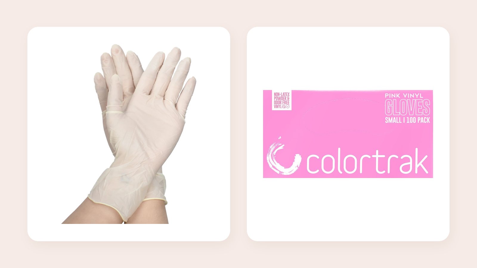 Bao tay latex trắng và hộp bao tay vinyl hồng Colortrak, cỡ nhỏ, của OBB