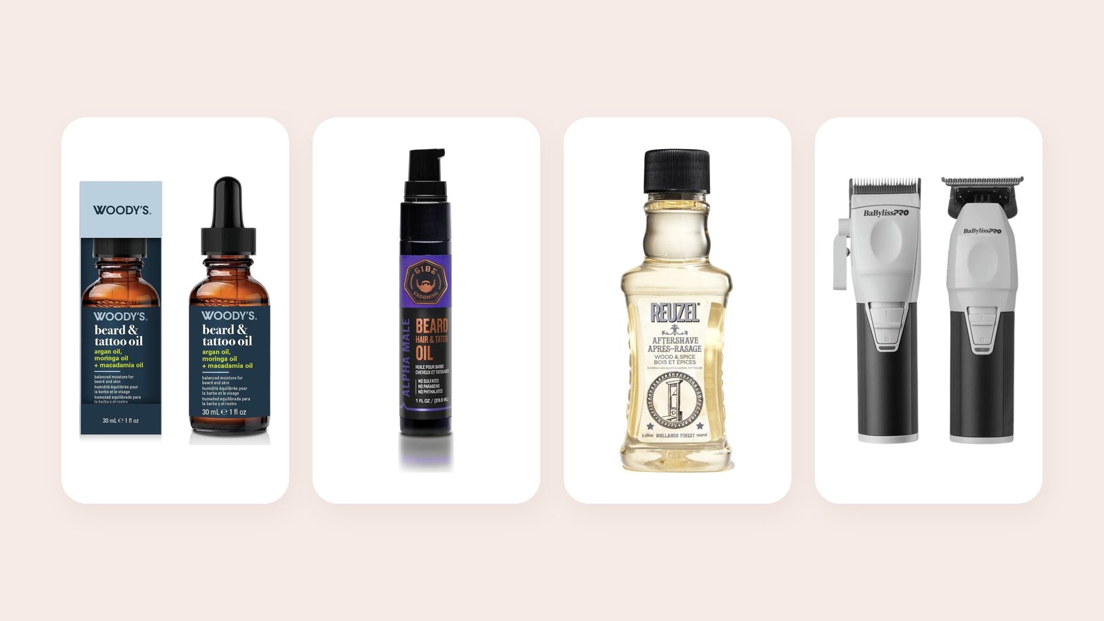 Woody's Beard & Tattoo Oil, GIBS Beard Hair & Tattoo Oil, Reuzel aftershave and BaBylissPRO COREFX clipper and trimmer