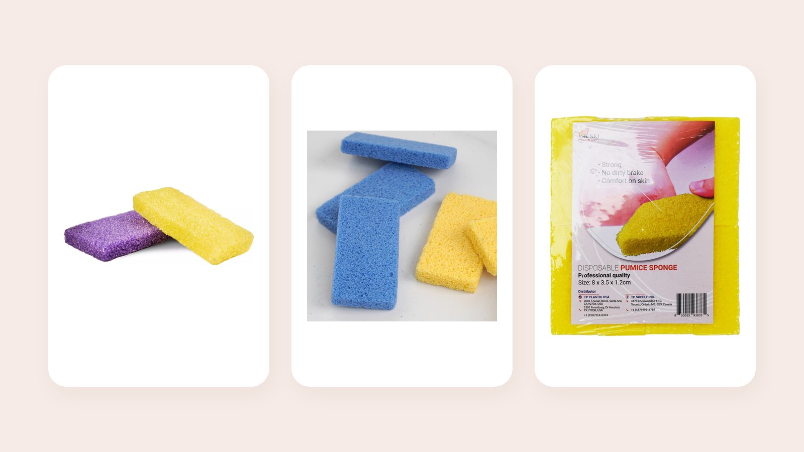 Các loại đá chà gót (pumice pad) màu tím, vàng, xanh và gói Disposable Pumice Sponge của OBB