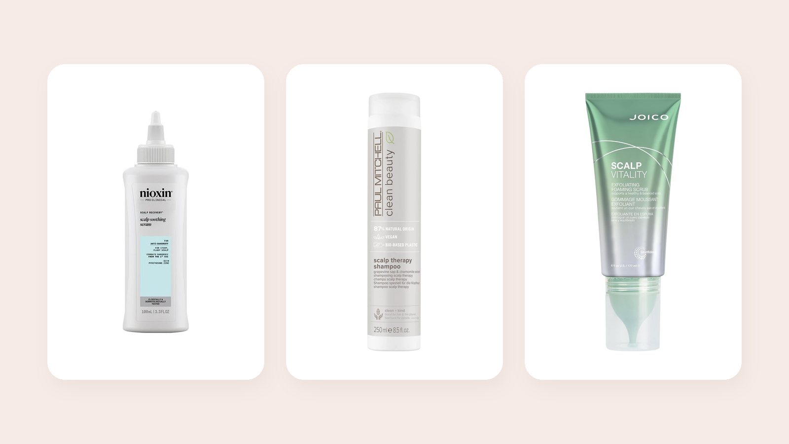 Nioxin Scalp Recovery soothing serum, Paul Mitchell Scalp Therapy shampoo and Joico Scalp Vitality scrub