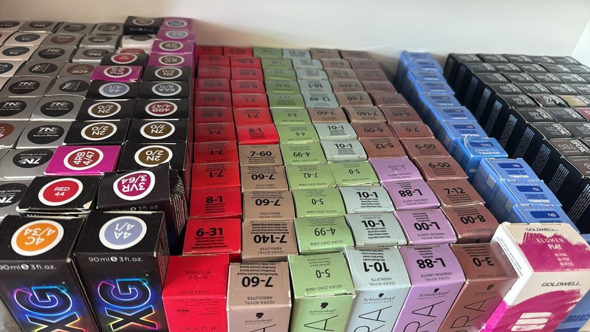 Hair color wall at OBB in Westminster with Paul Mitchell, Schwarzkopf IGORA ROYAL and Goldwell color boxes