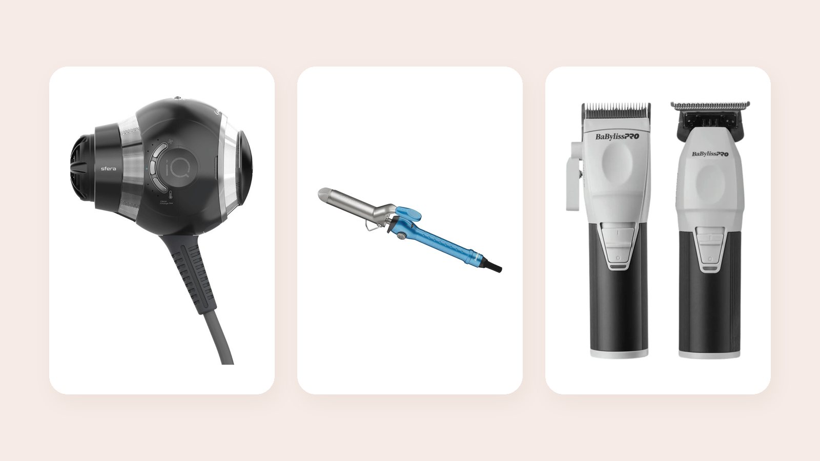 GA.MA iQ Sfera hair dryer, BaBylissPRO Nano Titanium curling iron and BaBylissPRO COREFX clipper and trimmer set