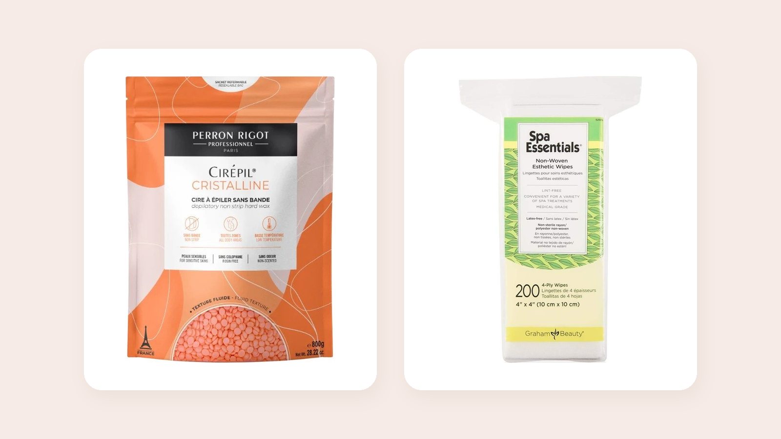 Perron Rigot Cirepil Cristalline hard wax beads and Spa Essentials non-woven esthetic wipes
