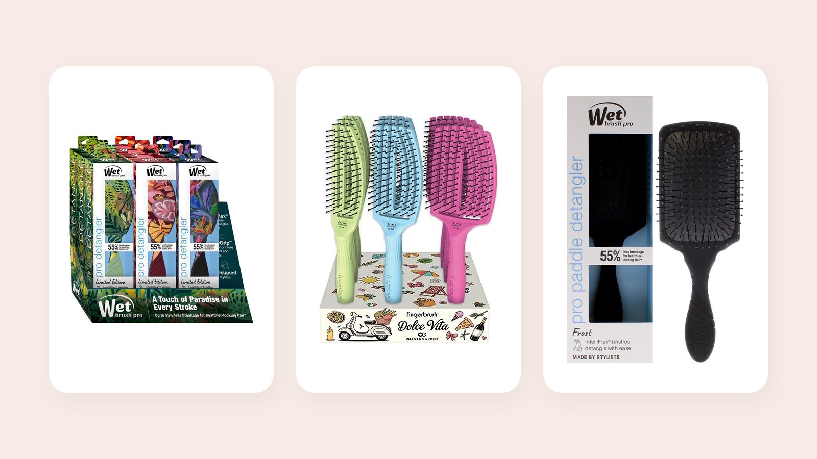 Wet Brush Pro Detangler, Olivia Garden Fingerbrush Dolce Vita and Wet Brush Pro Paddle Detangler