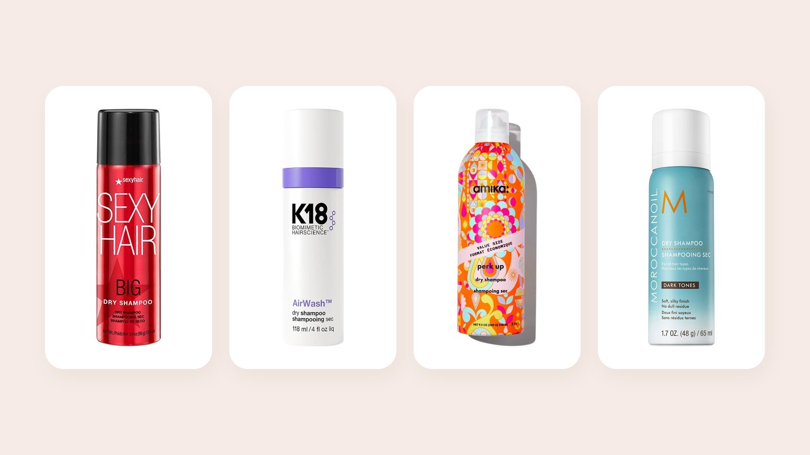 Big Sexy Hair Dry Shampoo, K18 AirWash, amika perk up and Moroccanoil Dry Shampoo Dark Tones