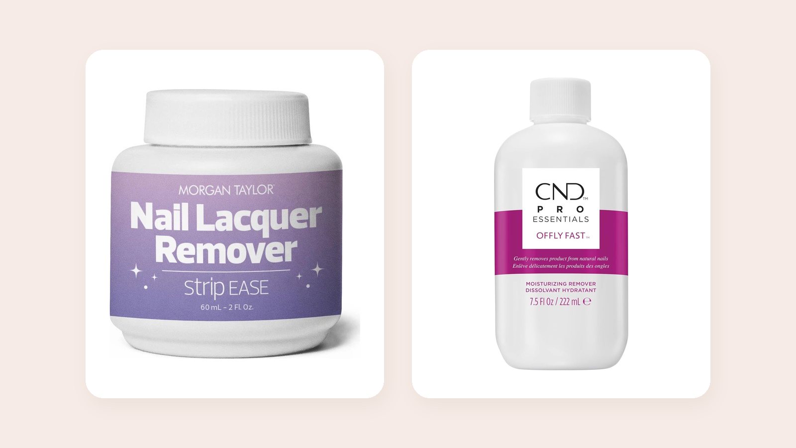 Morgan Taylor Strip Ease nail lacquer remover jar and CND Pro Essentials Offly Fast moisturizing remover