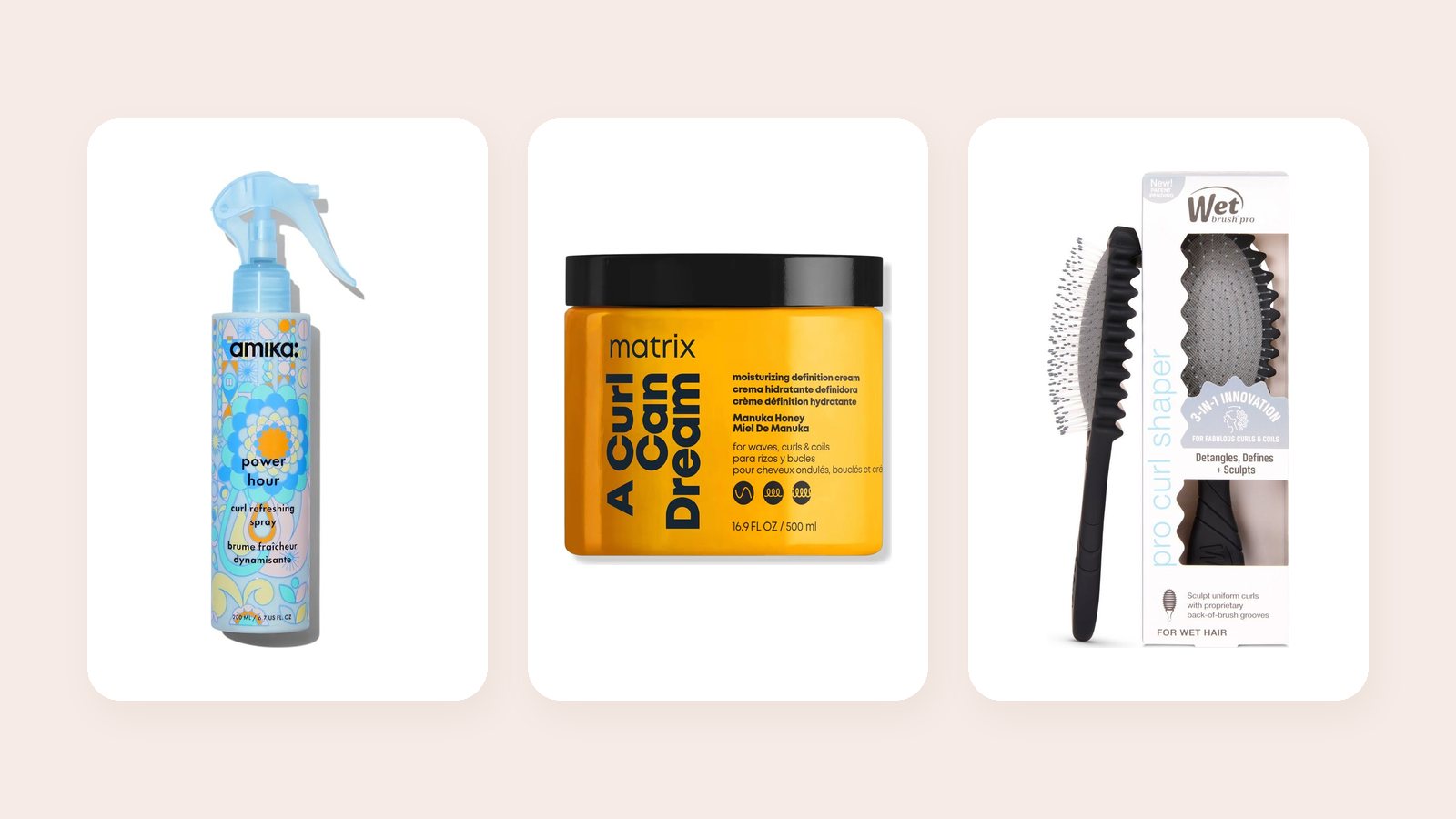 amika power hour curl refreshing spray, Matrix A Curl Can Dream cream and Wet Brush Pro Curl Shaper
