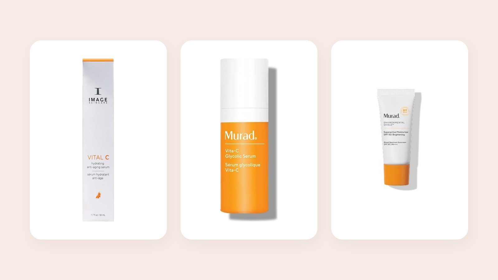 IMAGE Skincare Vital C serum, Murad Vita-C Glycolic Serum and Murad Superactive Moisturizer SPF 50 Brightening