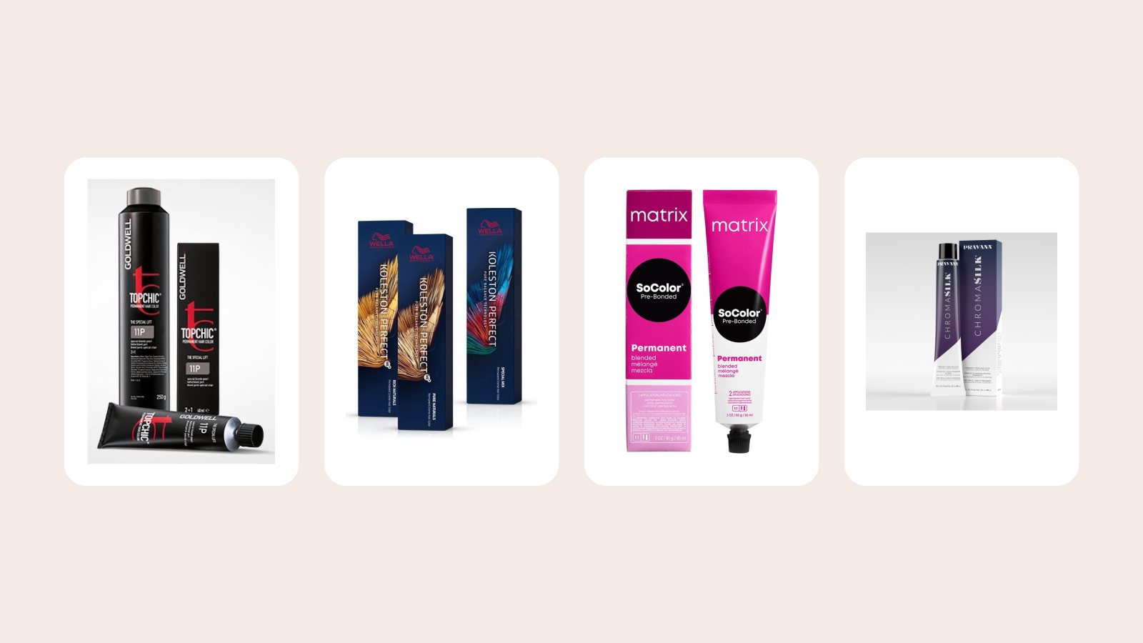 Goldwell Topchic, Wella Koleston Perfect ME+, Matrix SoColor Pre-Bonded and Pravana ChromaSilk permanent hair color