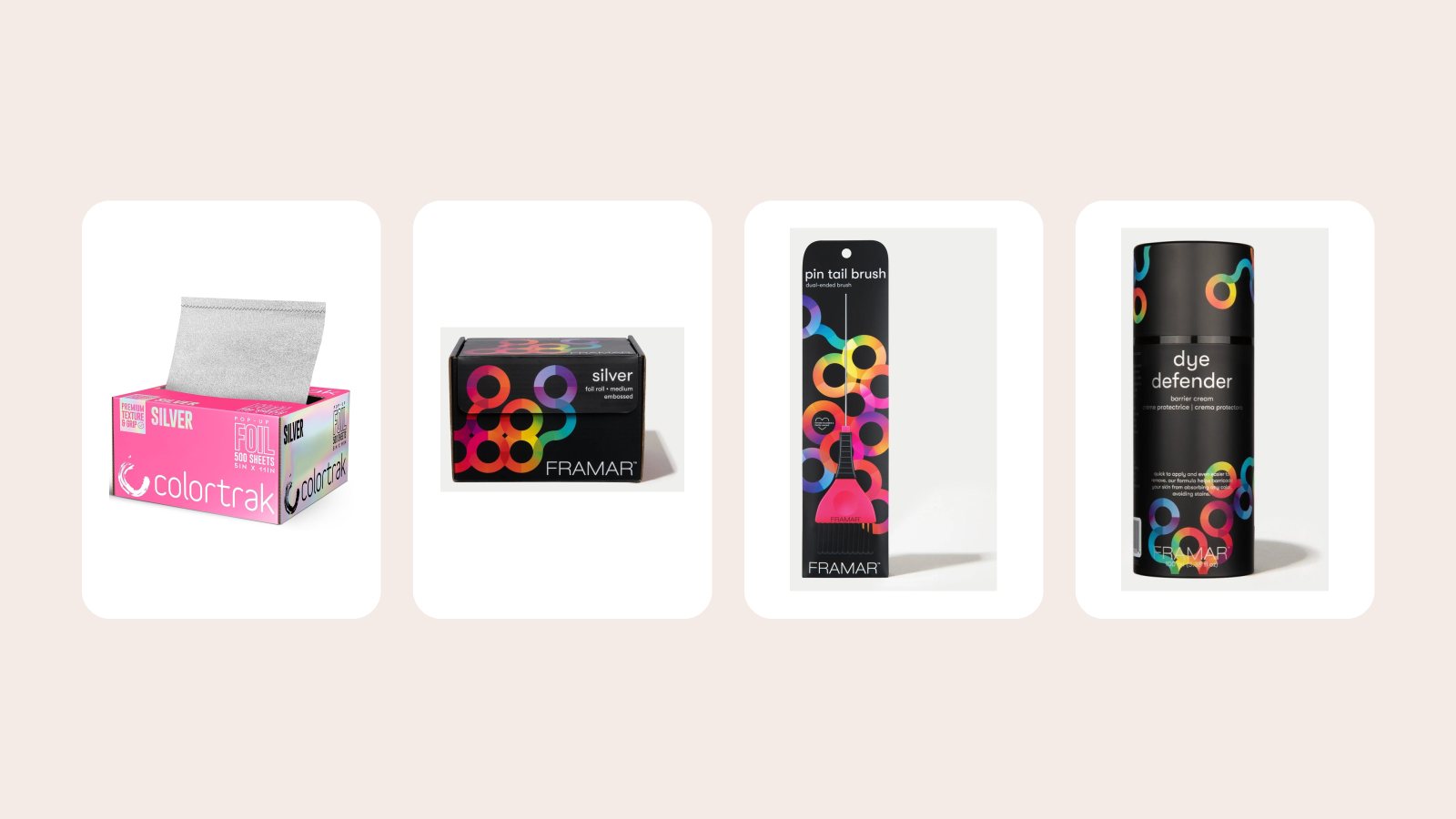 Colortrak pop-up foil, Framar Star Struck foil roll, Framar Pin Tail Brush and Framar Dye Defender barrier cream
